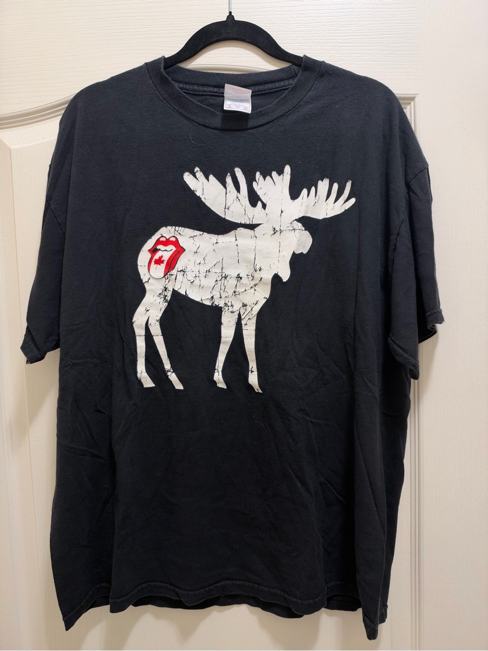 Vintage Rolling Stones Black Tee with White Moose Graphic and Red Tongue Logo